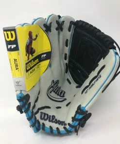 New Wilson Aura Game Ready Fastpitch Softball Gloves, Ivory/Blue/Black 12" LHT